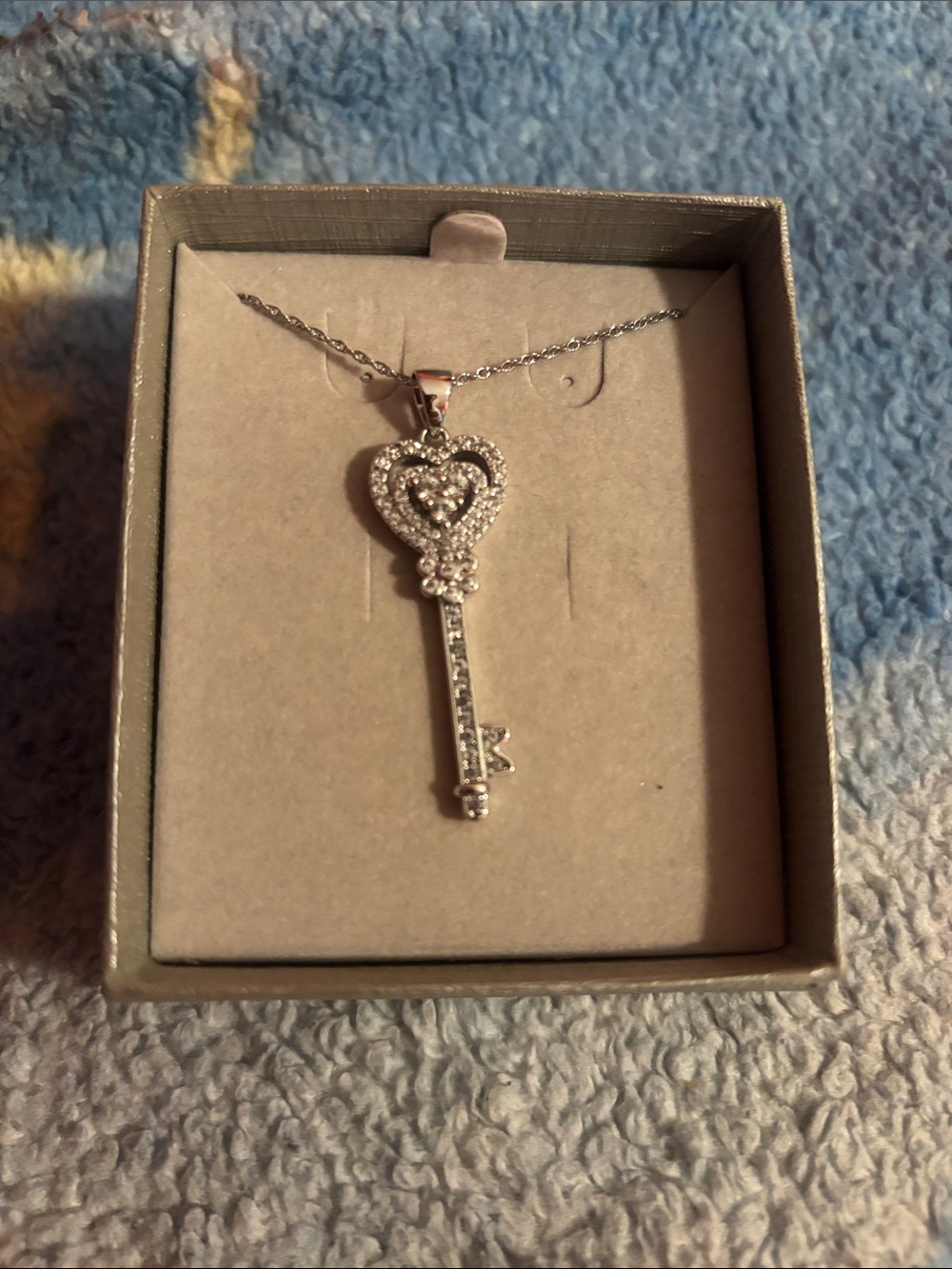 Silver Heart Key Pendant Necklace- diamond accents